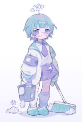 1girl ahoge aqua_coat aqua_hair aqua_shoes aqua_wrist_cuffs arms_at_sides artist_name blue-framed_eyewear blunt_bangs bow broom bucket buckle closed_mouth coat cotono_(nazekun) creature crooked_eyewear dot_nose double-parted_bangs full_body glassshard gradient_hair hair_bow highres holding holding_broom holding_bucket jacket leg_warmers multicolored_hair multicolored_shoes necktie open_clothes open_jacket original pleated_skirt purple_eyes purple_hair purple_necktie round_eyewear shirt shoes short_hair simple_background skirt solo standing two-tone_shoes two_side_up white_background white_jacket white_shirt white_shoes wing_collar wrist_cuffs