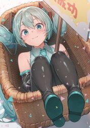 Rule 34 | 1girl, amayomiyu, aqua eyes, aqua hair, aqua necktie, bare shoulders, basket, black boots, black sleeves, blush, boots, commentary, detached sleeves, from above, grey shirt, hair between eyes, hair intakes, hair ornament, hatsune miku, holding, holding sign, in basket, in container, long hair, looking at viewer, necktie, shiny clothes, shirt, shoe soles, shoulder tattoo, sign, sleeveless, sleeveless shirt, smile, solo, split mouth, tattoo, thigh boots, triangle, twintails, twitter username, very long hair, vocaloid, white background, wicker basket
