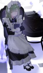 1girl absurdres alternate_costume apron armchair backlighting bang_dream! bang_dream!_it&#039;s_mygo!!!!! black_dress black_shoes blue_ribbon blunt_bangs blurry book candle chair chinese_commentary closed_mouth colored_eyelashes commentary depth_of_field dress dutch_angle enmaided expressionless eyelashes frilled_apron frilled_dress frills full_body green_hair hair_ribbon highres holding holding_book juliet_sleeves long_dress long_sleeves looking_at_viewer macha_bafei maid maid_apron maid_headdress mary_janes medium_hair neck_ribbon on_chair puffy_sleeves ribbon shoes simple_background sitting socks solo straight_hair wakaba_mutsumi white_apron white_background white_ribbon white_socks yellow_eyes
