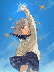 1girl :o arm_up blue_skirt cardigan commentary_request floating_clothes floating_hair grey_hair highres idolmaster idolmaster_shiny_colors long_sleeves looking_up neckerchief outdoors plaid_clothes plaid_skirt pleated_skirt raychelsoo school_uniform serafuku serizawa_asahi short_hair skirt solo thighs white_neckerchief yellow_cardigan