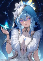 1girl armlet blue_butterfly blue_dress blue_hair blue_nails blue_veil breasts bug butterfly butterfly_on_hand collarbone commentary dress hair_between_eyes hand_up helloimtea highres insect jewelry large_breasts long_hair looking_at_viewer nail_polish paid_reward_available parted_lips purple_eyes shorekeeper_(wuthering_waves) sleeveless sleeveless_dress solo two-tone_veil upper_body veil white_veil wuthering_waves