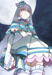 1girl absurdres arm_warmers blue_eyes blunt_bangs bow bowtie brooch choker closed_mouth cowboy_shot crown crown_earrings cure_nyammy dress earrings full_moon hair_behind_ear hair_bow hairband heart heart_brooch highres hiji_rida jewelry long_hair looking_at_viewer magical_girl mini_crown moon nekoyashiki_yuki night night_sky pink_lips precure serious shaded_face sky sleeveless sleeveless_dress solo standing straight_hair thighhighs white_dress white_hair white_thighhighs wonderful_precure!