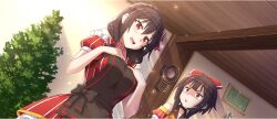Rule 34 | 2girls, analog clock, apron, bare shoulders, blush, bow, braid, breast envy, breasts, brown apron, brown hair, clock, crown braid, dress, game cg, hair bow, hands on own chest, highres, indoors, kono subarashii sekai ni shukufuku wo!, konosuba! fantastic days, large bow, large breasts, medium hair, megumin, multiple girls, official art, open mouth, pinstripe dress, pinstripe pattern, red bow, red dress, red eyes, shaded face, short hair with long locks, short sleeves, sparkle, third-party source, triangle mouth, wall clock, wooden ceiling, yunyun (konosuba)
