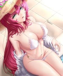 1girl absurdres azur_lane bare_shoulders bikini bikini_tug breasts candy collarbone commentary english_commentary eyewear_on_head flower food food_in_mouth green_eyes hair_between_eyes hat hat_flower highres large_breasts lollipop long_hair looking_at_viewer looking_up musanix navel official_alternate_costume pink_flower pink_hair sitting solo straw_hat sunglasses surcouf_(azur_lane) surcouf_(loisirs_balneaires)_(azur_lane) swimsuit very_long_hair white_bikini