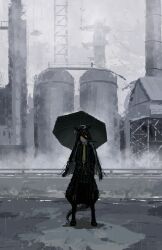 Rule 34 | 1girl, absurdres, ahoge, animal ears, black coat, black gloves, black pantyhose, black shirt, black skirt, censored, coat, collared shirt, ear tag, earrings, fog, frown, gloves, hair between eyes, hand in pocket, hand up, highres, holding, holding umbrella, horse ears, horse girl, horse tail, jewelry, long hair, long hair between eyes, looking to the side, manhattan cafe (umamusume), mosaic censoring, multicolored hair, necktie, pantyhose, pleated skirt, shirt, single earring, skirt, solo, standing, tail, thefatum, umamusume, umbrella, very long hair, white hair, yellow eyes, yellow necktie
