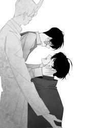 2boys :d bandage_on_face bandages benkdjjituibot black_coat black_eyes black_hair black_vest coat cocoon collared_shirt demon_horns dual_persona fleeing grabbing_another&#039;s_head grin hand_on_another&#039;s_neck highres horns hug kim_dokja looking_at_another multiple_boys multiple_scars multiple_views official_alternate_costume oldest_dream omniscient_reader&#039;s_viewpoint open_mouth popped_collar porcelain scar scar_on_face scar_on_mouth shirt short_hair smile statue vest white_background white_coat white_hair white_shirt yoo_joonghyuk