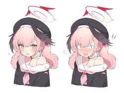 &lt;|&gt;_&lt;|&gt; 1girl black_hat black_serafuku black_wings blue_archive blush bra_strap commentary_request feathered_wings flying_sweatdrops halo hat head_wings koharu_(blue_archive) loli long_hair looking_at_viewer multiple_views off-shoulder_shirt off_shoulder open_mouth pink_eyes pink_hair pink_halo school_uniform serafuku shirt simple_background single_off_shoulder tntl_nemui twintails white_background winged_halo wings