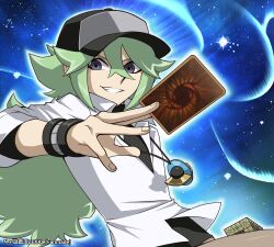 1boy black_hat black_shirt blue_sky bracelet card crossover double-parted_bangs dress_shirt facing_to_the_side green_hair grey_eyes grin hat highres holding holding_card jewelry khaki_pants long_bangs looking_to_the_side male_focus n_(pokemon) night night_sky nintendo nuumigranate outdoors parody partially_unbuttoned pokemon pokemon_bw pokemon_bw2 ponytail rubik&#039;s_cube shirt shirt_under_shirt sky sleeves_rolled_up smile sparkle star_(sky) style_parody unbuttoned unbuttoned_shirt untucked_shirt wallet_chain white_shirt yu-gi-oh! yu-gi-oh!_zexal