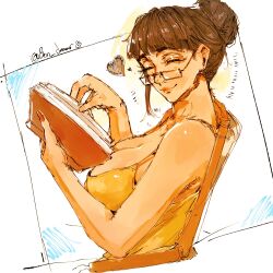1girl ^_^ black_hair bon_drawr book breasts cleavage closed_eyes closed_mouth commentary eyeshadow glasses hair_bun heart highres holding holding_book makeup nico_robin one_piece profile red_nails signature sitting solo upper_body