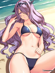 1girl arm_up beach bikini blue_bikini breasts camilla_(fire_emblem) cleavage commentary english_commentary etchimune fire_emblem fire_emblem_fates large_breasts long_hair looking_at_viewer lying navel nintendo ocean on_back purple_eyes purple_hair smile solo swimsuit thick_thighs thighs