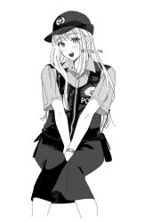 Rule 34 | 1boy, artist name, blue shirt, blush, crossdressing, eyelashes, female service cap, greyscale, hat, highres, japan national police, kozuka (police and lady), long hair, looking at viewer, monochrome, open mouth, osg pk, police, police and lady, police hat, police uniform, policewoman, shirt, simple background, smile, teeth, trap, twitter username, watch, white background, wristwatch