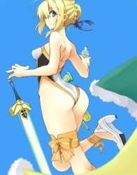 10mo 1girl ahoge aqua_eyes artoria_pendragon_(fate) artoria_pendragon_(swimsuit_archer)_(fate) artoria_pendragon_(swimsuit_archer)_(third_ascension)_(fate) ass back bare_arms bare_back bare_shoulders blonde_hair blue_background blurry blush bottle braid breasts cape depth_of_field excalibur_(fate/stay_night) fate/grand_order fate/stay_night fate_(series) female_focus from_behind glowing glowing_sword glowing_weapon green_cape green_eyes hair_bun hair_ribbon high_heels highleg highleg_one-piece_swimsuit highres holding holding_bottle legs looking_at_viewer looking_back medium_breasts multicolored_swimsuit one-piece_swimsuit parted_lips ribbon saber_(fate) short_hair simple_background single_hair_bun solo standing standing_on_one_leg strapless strapless_one-piece_swimsuit swimsuit sword type-moon unworn_cape water_bottle weapon white_footwear
