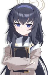 1girl absurdres black_hair black_shirt blue_archive blue_eyes blue_hairband book brown_sweater closed_mouth crossed_bangs grey_halo hairband halo highres holding holding_book jei_(user_tckk7448) jewelry long_hair long_sleeves looking_at_viewer necklace purple_hairband sailor_collar shirt simple_background sleeves_past_wrists smile solo sweater turtleneck turtleneck_shirt ui_(blue_archive) upper_body white_background white_sailor_collar white_shirt