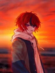 1boy black_hair blue_eyes blush highres hood hoodie looking_at_viewer male_focus messy_hair multicolored_eyes multicolored_hair mystery_harp open_mouth outdoors red_eyes red_hair solo solo_focus standing sumino_takumi sunlight sunset the_hundred_line_-last_defense_academy-
