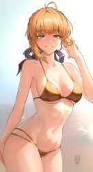 absurdres ahoge artoria_pendragon_(fate) bare_shoulders blonde_hair blue_ribbon breasts collarbone colored_eyelashes fate/stay_night fate_(series) golden_week_bikini green_eyes hair_ribbon highres large_breasts looking_at_viewer luuwruf navel open_mouth ribbon saber_(fate) stomach thighs toned toned_female