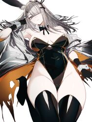 1girl absurdres alternate_costume animal_ear_fluff animal_ears arknights black_boots black_bow black_bowtie black_gloves black_leotard blunt_bangs boots bow bowtie breasts cleavage commentary detached_collar ekiviw expressionless foot_out_of_frame frostnova_(arknights) gloves grey_eyes grey_hair grey_jacket hair_ornament hair_over_one_eye hairclip hand_in_own_hair high_heel_boots high_heels highleg highleg_leotard highres jacket large_breasts latex latex_boots latex_leotard leotard long_hair looking_at_viewer multicolored_jacket off_shoulder open_clothes open_jacket orange_jacket parted_lips playboy_bunny rabbit_ears rabbit_girl scar scar_on_face scar_on_nose simple_background solo strapless strapless_leotard thigh_boots traditional_bowtie two-sided_fabric two-sided_jacket two-tone_jacket vxdrq white_background wing_collar wrist_cuffs