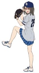 1girl :d adjusting_eyewear baseball_cap baseball_glove baseball_jersey blue_hat blue_skirt chunichi_dragons female_focus full_body glasses grey_shirt hat idolmaster idolmaster_cinderella_girls jersey kamijo_haruna left-handed nigou nippon_professional_baseball open_mouth over-rim_eyewear pink-framed_eyewear pitching plaid_clothes plaid_skirt pleated_skirt semi-rimless_eyewear shirt shoes skirt smile solo white_shoes