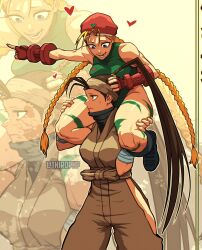 2girls antenna_hair bandaged_arm bandages beret blonde_hair blue_eyes bodypaint boots bow braid braided_ponytail brown_hair cammy_white capcom carrying carrying_over_shoulder gloves hat heart hip_vent ibuki_(street_fighter) leotard lifting_person long_hair multiple_girls ninja pointing ponytail scar street_fighter sweatdrop thick_thighs thighs thirdphp tired_eyes twin_braids very_long_hair waist_bow yuri