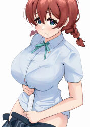 1girl aqua_eyes black_skirt blush bra bra_peek bra_visible_through_clothes braid breasts brown_hair closed_mouth clothes_pull collared_shirt emma_verde freckles hair_between_eyes heart heart-shaped_pupils highres holding_ruler large_breasts love_live! love_live!_nijigasaki_high_school_idol_club pisagi purple_bra ruler school_uniform shirt simple_background skirt skirt_pull smile solo standing symbol-shaped_pupils twin_braids underwear white_background white_shirt