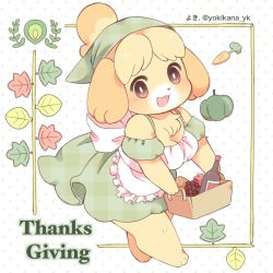 1girl :3 alcohol alternate_costume alternate_eye_color animal_crossing animal_ears animal_feet animal_hands animal_nose apple apron artist_name back_bow bare_shoulders barefoot basket blonde_hair blush body_fur bottle bow breasts bright_pupils carrot cleavage corn dog_ears dog_girl dog_tail dress english_text female_focus food frilled_apron frills fruit full_body furry furry_female grapes green_dress green_headscarf green_headwear happy headscarf holding holding_basket isabelle_(animal_crossing) japanese_text leaf looking_at_viewer medium_breasts multicolored_hair nintendo open_mouth polka_dot polka_dot_background puffy_short_sleeves puffy_sleeves pumpkin red_eyes shirokuro_buti short_hair short_sleeves smile solo spaghetti_strap standing tail thanksgiving thick_thighs thighs topknot twitter_username two-tone_fur two-tone_hair unmoving_pattern walking watermark white_apron white_fur white_pupils wine wine_bottle yellow_fur