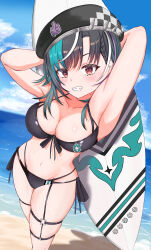 absurdres aqua_hair aresiasitennou armpits arms_behind_head beach black_hair blue_sky blush braid breasts cleavage cloud collarbone day grin hair_between_eyes highres hololive long_hair looking_at_viewer medium_breasts multicolored_hair navel ocean outdoors purple_hair red_eyes rindo_chihaya sidelocks sky smile standing surfboard teeth white_hair