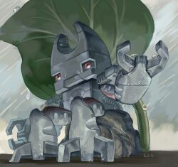 animate_object digimon digimon_(creature) full_body highres kokuwamon leaf level-00 no_humans rain red_eyes sitting stun_gun