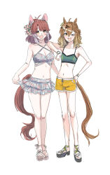 Rule 34 | &gt; o, 2girls, ahoge, animal ears, arm on another&#039;s shoulder, bare shoulders, bikini, bikini skirt, blue bikini, blush, bracelet, breasts, brown hair, cleavage, criss-cross halter, crop top, dantsu flame (umamusume), ear covers, fang, floral print, full body, futomayugorou, green shirt, halterneck, highres, horse ears, horse girl, horse tail, jewelry, jungle pocket (umamusume), looking at viewer, male swimwear, medium breasts, medium hair, multiple girls, navel, one eye closed, open mouth, sandals, shirt, simple background, skin fang, small breasts, smile, standing, swim trunks, swimsuit, tail, umamusume, white background, yellow eyes