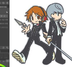 2boys art_program_in_frame dagger grey_hair hanamura_yousuke headphones holding holding_dagger holding_knife holding_sword holding_weapon katana knife male_focus multiple_boys narukami_yu nt_26 orange_hair persona persona_4 sword weapon