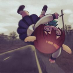 accident antlers aqua_neckerchief arm_behind_back asdfcobi blue_sailor_collar blue_skirt blurry blurry_background bob_cut brown_footwear brown_hair chibi chibi_only cloud cloudy_sky deer_antlers deer_girl dusk falling flying forest grey_sky hair_between_eyes horns loafers long_sleeves motion_blur nature neckerchief o_o overcast pov road sailor_collar school_uniform shikanoko_noko shikanoko_nokonoko_koshitantan shirt shoes short_hair skirt sky socks tree utility_pole white_shirt white_socks wide-eyed
