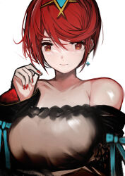 1girl absurdres bare_shoulders black_dress breasts dress earrings highres jewelry large_breasts nail_polish pyra_(xenoblade) red_eyes red_hair simple_background solo strapless strapless_dress tarbo_(exxxpiation) tiara upper_body white_background xenoblade_chronicles_(series) xenoblade_chronicles_2