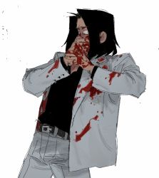 1boy black_hair black_shirt blood blood_on_clothes blood_on_face blood_on_hands covering_face eyebrows formal_clothes highres horrified jacket male_focus medium_hair nishikiyama_akira pants raeb223 ryuu_ga_gotoku_(series) ryuu_ga_gotoku_1 shirt white_jacket white_pants wide-eyed yakuza