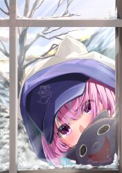 1girl absurdres animal_hood bare_tree baseball_cap blue_hair blue_hat blush cat_hood covered_mouth day ema_azure from_inside hat highres hololive hood hood_up looking_at_viewer minato_aqua minato_aqua_(sailor) multicolored_hair neko_(minato_aqua) portrait purple_eyes purple_hair signature snow solo streaked_hair sweatdrop tree virtual_youtuber white_hood window winter