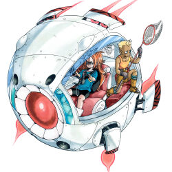 1boy 1girl absurdres aged_down blonde_hair blue_eyes bracelet butterfly_net cell_(dragon_ball) child commentary dark-skinned_male dark_skin dragon_ball dragon_ball_fighterz dragonball_z driving earrings english_commentary english_text gero glasses gold_bracelet hand_net highres hoop_earrings imperfect_cell jewelry looking_at_object messy_hair orange_hair photoshop_(medium) science_fiction silverwoodwork space_pod vehicle_focus vomi_(dragon_ball)