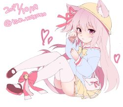 1girl 2017 animal_ear_fluff animal_ears artist_name azur_lane bell black_shoes blue_shirt cat_ears cat_tail dated full_body hat heart highres jingle_bell kindergarten_uniform kisaragi_(azur_lane) knees_up legs legs_up long_hair mary_janes one-hour_drawing_challenge paw_pose pink_eyes pink_hair ran_xoxoxo ribbon school_hat shirt shoes side_ponytail simple_background sitting skirt solo tail tail_ornament tail_ribbon thighhighs thighs white_background white_thighhighs yellow_hat yellow_skirt