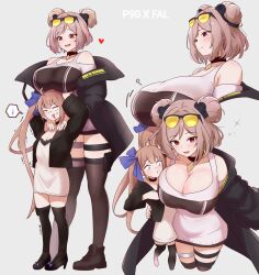 2girls age_difference ahoge alternate_body_size amogan anger_vein angry bare_shoulders black_coat black_jacket black_shoes black_thighhighs blue_bow blue_eyes blue_ribbon bow breast_rest breasts brown_hair brown_thighhighs carried_breast_rest carrying character_name choker cleavage coat commentary commission cropped_legs cropped_torso double_bun dress english_commentary eyewear_on_head fal_(girls&#039;_frontline) footwear_bow from_above from_side full_body girls&#039;_frontline grey_background hair_bun hair_ribbon heart highres huge_breasts jacket large_breasts light_blush long_hair looking_at_viewer multiple_girls multiple_views off-shoulder_coat off_shoulder onee-loli open_mouth p90_(girls&#039;_frontline) pixiv_commission red_eyes ribbon shoes short_hair side_ponytail simple_background size_difference smile sparkle speech_bubble spoken_sweatdrop sunglasses sweatdrop tall_female thigh_strap thighhighs tinted_eyewear trembling very_long_hair white_dress yellow-tinted_eyewear