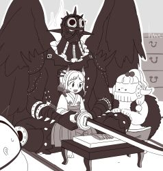 1girl 3boys age_difference artist_request babysitter braid child dark_skin english_text fire highres horns jack_(one_piece) japanese_clothes king_(one_piece) long_hair looking_at_another monochrome multicolored_hair multiple_boys one_piece open_clothes open_shirt ponytail queen_(one_piece) red_eyes serious single_braid sitting size_difference sleeping smile two-tone_hair wings yamato_(one_piece) aged_down