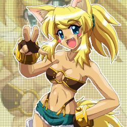 Rule 34 | 1girl, animal ear fluff, animal ears, belt bra, blonde hair, blue eyes, blush, bracelet, breasts, cleavage, dark-skinned female, dark skin, denim, denim shorts, dragon (artist), facial mark, fangs, fingerless gloves, gloves, hand on own hip, jewelry, large breasts, liru, long hair, lowres, o-ring, open mouth, pixel art, pixelated, ponytail, renkin san-kyuu magical pokaan, shorts, smile, solo, spiked bracelet, spikes, tail, teeth, upper teeth only, v, whisker markings, wolf ears, wolf girl, wolf tail, yellow tail