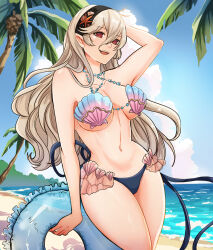 Rule 34 | 1girl, :d, absurdres, bare shoulders, beach, bikini, black hairband, blue sky, breasts, cloud, collarbone, commentary, cowboy shot, day, english commentary, female corrin (cipher shell bikini) (fire emblem), female corrin (fire emblem), fire emblem, fire emblem cipher, fire emblem fates, grey hair, hair between eyes, hairband, highres, holding, holding swim ring, innertube, long hair, looking at viewer, medium breasts, navel, nintendo, ocean, official alternate costume, open mouth, outdoors, red eyes, shell, shell bikini, sierra117renner, sky, smile, solo, standing, stomach, swim ring, swimsuit, thighs, underboob, very long hair, water, wide hips