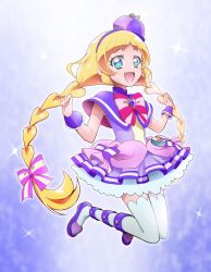 1girl :d anime_coloring blonde_hair blue_eyes blush bow bow_earrings braid bright_pupils brooch capelet chest_bow commentary cure_friendy deerstalker dot_nose dress dress_bow earrings frilled_wrist_cuffs frills full_body hair_bow hairband hands_up hat hat_ornament heart heart_brooch heart_hat_ornament inukai_iroha jewelry kakiuchi_itsuki long_hair looking_at_viewer low-tied_long_hair low_twin_braids magical_girl midair multicolored_bow open_mouth pact_holder petticoat pink_bow pouch precure purple_background purple_bow purple_dress purple_hairband purple_hat purple_shoes purple_wrist_cuffs shoes sleeveless sleeveless_dress smile solo sparkle sparkle_background striped_bow thighhighs tilted_headwear twin_braids very_long_hair white_petticoat white_thighhighs wonderful_pact wonderful_precure! wrist_cuffs yellow_pupils zettai_ryouiki