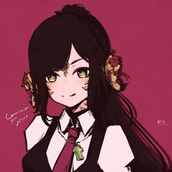 Rule 34 | + +, 1girl, absurdres, black hair, black vest, collared shirt, commentary, commission, commissioner name, cross, cross necklace, dated, english commentary, facial mark, forehead jewel, green eyes, hair ornament, highres, jewelry, long hair, looking at viewer, necklace, necktie, original, portrait, red necktie, rnna, shirt, signature, simple background, smile, solo, vest, white shirt