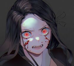 Rule 34 | 1girl, 23i2ko, angry, black hair, blood, blood on face, commentary, english commentary, fangs, forehead, grey background, hair over shoulder, hair ribbon, injury, kamado nezuko, kimetsu no yaiba, long hair, looking at viewer, narrowed eyes, open mouth, orange eyes, parted bangs, portrait, ribbon, simple background, slit pupils, solo, teeth, v-shaped eyebrows, wide-eyed