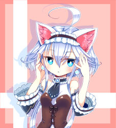 1girl ahoge ajitarou_(setsu) animal_ear_hairband animal_ears black_ribbon blue_eyes blue_necktie bodysuit cat_ear_hairband cat_ears choker detached_sleeves earrings emil_chronicle_online fake_animal_ears frilled_choker frilled_hairband frilled_sleeves frills hairband jewelry mecha_musume mitama_aria necktie ribbon upper_body white_bodysuit white_hair white_hairband white_sleeves