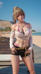 Rule 34 | 1girl, 3d, absurdres, bare shoulders, beach, bench, bikini, blonde hair, breasts, brown eyes, chain, darts77, dead or alive, dead or alive xtreme, dead or alive xtreme venus vacation, from below, gold necklace, gyaru, highres, jewelry, large breasts, looking at viewer, navel, necklace, outdoors, realistic, sand, shorts, smile, solo, standing, swimsuit, yukino (doa)