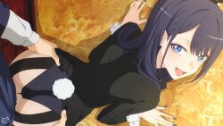 Rule 34 | 1boy, 1girl, artist logo, ass, bent over, black hair, black jacket, black leotard, black nails, blue eyes, cosplay, dry humping, fake tail, fingernails, from above, garter straps, gojou wakana, hetero, highleg, highleg leotard, highres, humping, izayoi arisa, izayoi arisa (cosplay), jacket, keihh, kitagawa marin, leotard, logo, long fingernails, long hair, long sleeves, nail polish, open mouth, paid reward available, rabbit tail, smile, sono bisque doll wa koi wo suru, tail, white wrist cuffs, wrist cuffs
