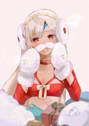 1girl altera_(fate) altera_the_santa_(fate) bikini blonde_hair box breasts cleavage commentary_request earmuffs fake_facial_hair fake_mustache fate/grand_order fate_(series) gift gift_box highres long_hair mittens parted_bangs parted_lips red_bikini red_eyes small_breasts smile solo swimsuit tanaka_(gohanumee) upper_body white_mittens