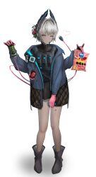1girl ^_^ absurdres ankle_boots arknights black_boots black_gloves black_shirt black_skirt blue_jacket boots can closed_eyes controller covered_collarbone dark-skinned_female dark_skin drink drink_can electric_plug electric_plug_tail extra_arms facing_viewer food full_body game_controller gloves grey_hair grin hair_intakes heart highres holding holding_can holding_controller holding_drink holding_food holding_game_controller jacket long_sleeves mole mole_under_each_eye mole_under_eye monster_energy multiple_moles nintendo_switch open_clothes open_jacket pink_gloves pouch raidian_(arknights) raven_w shirt short_hair skirt smile solo standing tail turtleneck turtleneck_shirt