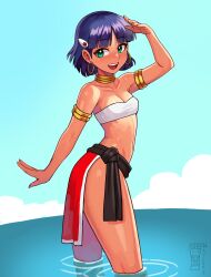 Rule 34 | 1girl, :d, absurdres, arm up, armlet, bare shoulders, blue hair, blunt bangs, breasts, collarbone, commentary, cowboy shot, day, earrings, english commentary, fushigi no umi no nadia, green eyes, hair ornament, hairclip, highres, hoop earrings, jewelry, looking at viewer, medium breasts, nadia la arwall, neck ring, open mouth, outdoors, ripples, short hair, smile, solo, strapless, teeth, thighs, tube top, upper teeth only, wading, watcher hollow, water, white tube top