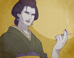 Rule 34 | 1boy, black hair, cigarette, crossdressing, earrings, green kimono, holding, holding cigarette, japanese clothes, jewelry, kimono, makeup, makidsume, male focus, nail polish, naruto (classic), naruto (series), orochimaru (naruto), purple lips, purple nails, slit pupils, smoking, solo, upper body, yellow background, yellow eyes