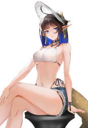 1girl ahoge arknights bare_legs bare_shoulders bikini bikini_top_only bikini_under_clothes black_hair blue_eyes blue_hair blunt_bangs breasts choker closed_mouth collarbone covered_erect_nipples crossed_legs cutoffs denim denim_shorts divine_horse ear_piercing eunectes_(arknights) feet_out_of_frame gradient_hair hand_on_own_leg highleg highleg_bikini highres jewelry large_breasts light_frown lipstick looking_at_viewer makeup multicolored_hair navel necklace piercing pointy_ears short_shorts shorts side-tie_bikini_bottom sideboob sitting snake_tail swimsuit tail thick_thighs thigh_strap thighs underboob visor wrist_wrap
