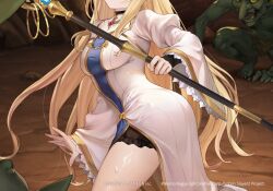1girl blonde_hair breasts brown_dust_(series) brown_dust_2 dress dungeon goblin goblin_slayer! long_hair long_sleeves priestess priestess_(goblin_slayer!) staff white_dress